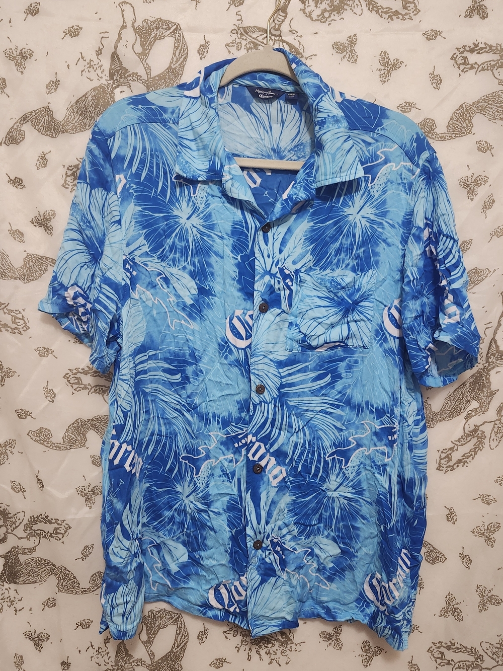 Limited Edition Maui & Sons Corona Blue Tropical Floral Button-Down Camp Shirt L